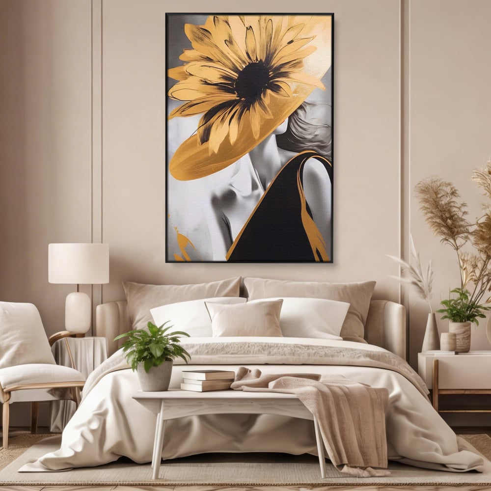 Tablou Canvas Premium LuxCanva® A1564, Cu Fata Spre Soare , Living, Palarie, Floarea Soarelui, Doamna, Dormitor, Culori Vibrante