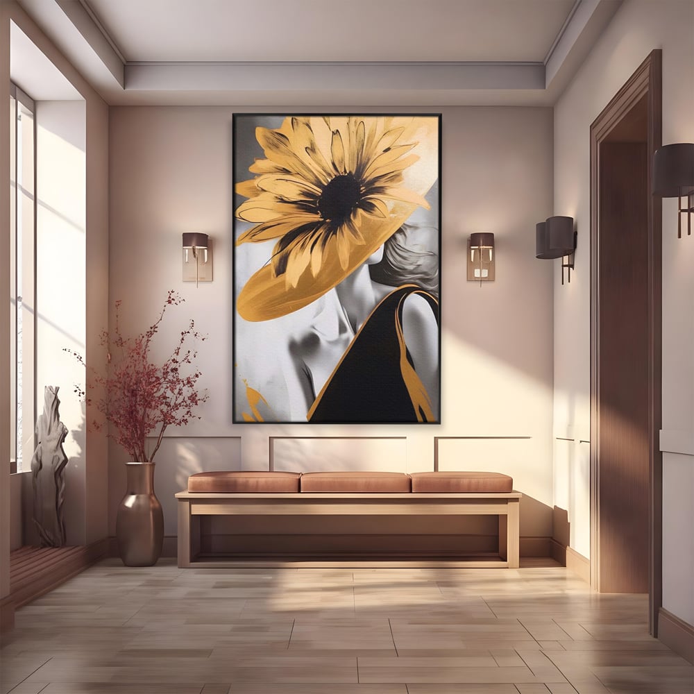 Tablou Canvas Premium LuxCanva® A1564, Cu Fata Spre Soare , Living, Palarie, Floarea Soarelui, Doamna, Dormitor, Culori Vibrante