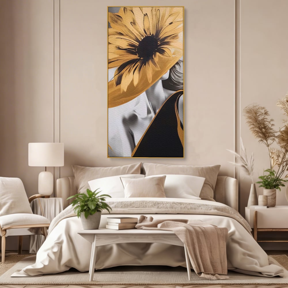 Tablou Canvas Premium LuxCanva® A1564, Cu Fata Spre Soare , Living, Palarie, Floarea Soarelui, Doamna, Dormitor, Culori Vibrante