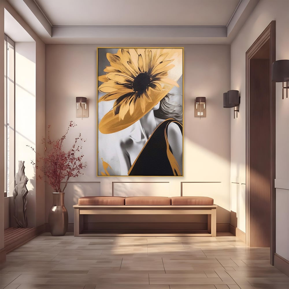 Tablou Canvas Premium LuxCanva® A1564, Cu Fata Spre Soare , Living, Palarie, Floarea Soarelui, Doamna, Dormitor, Culori Vibrante