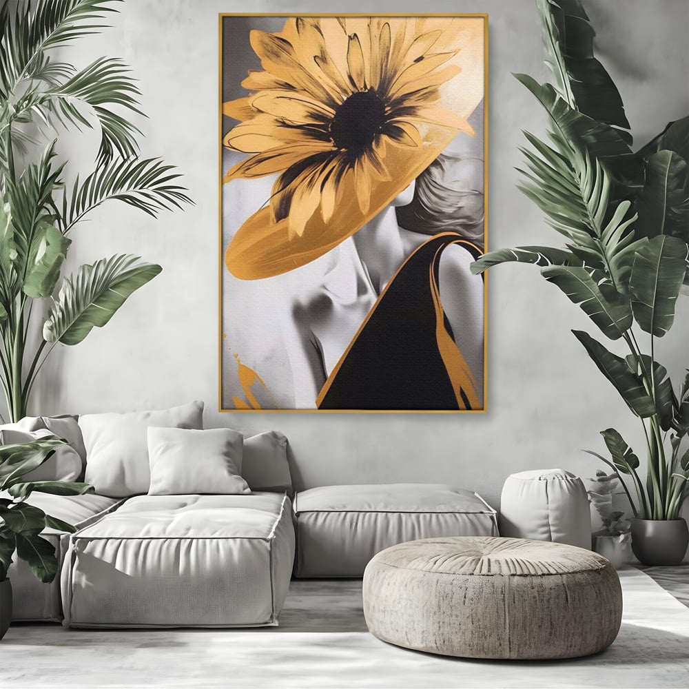 Tablou Canvas Premium LuxCanva® A1564, Cu Fata Spre Soare , Living, Palarie, Floarea Soarelui, Doamna, Dormitor, Culori Vibrante