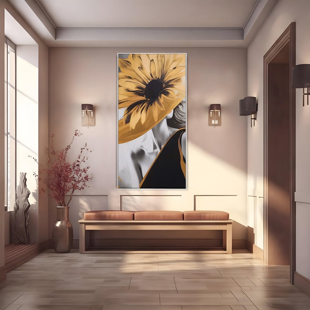 Tablou Canvas Premium LuxCanva® A1564, Cu Fata Spre Soare , Living, Palarie, Floarea Soarelui, Doamna, Dormitor, Culori Vibrante