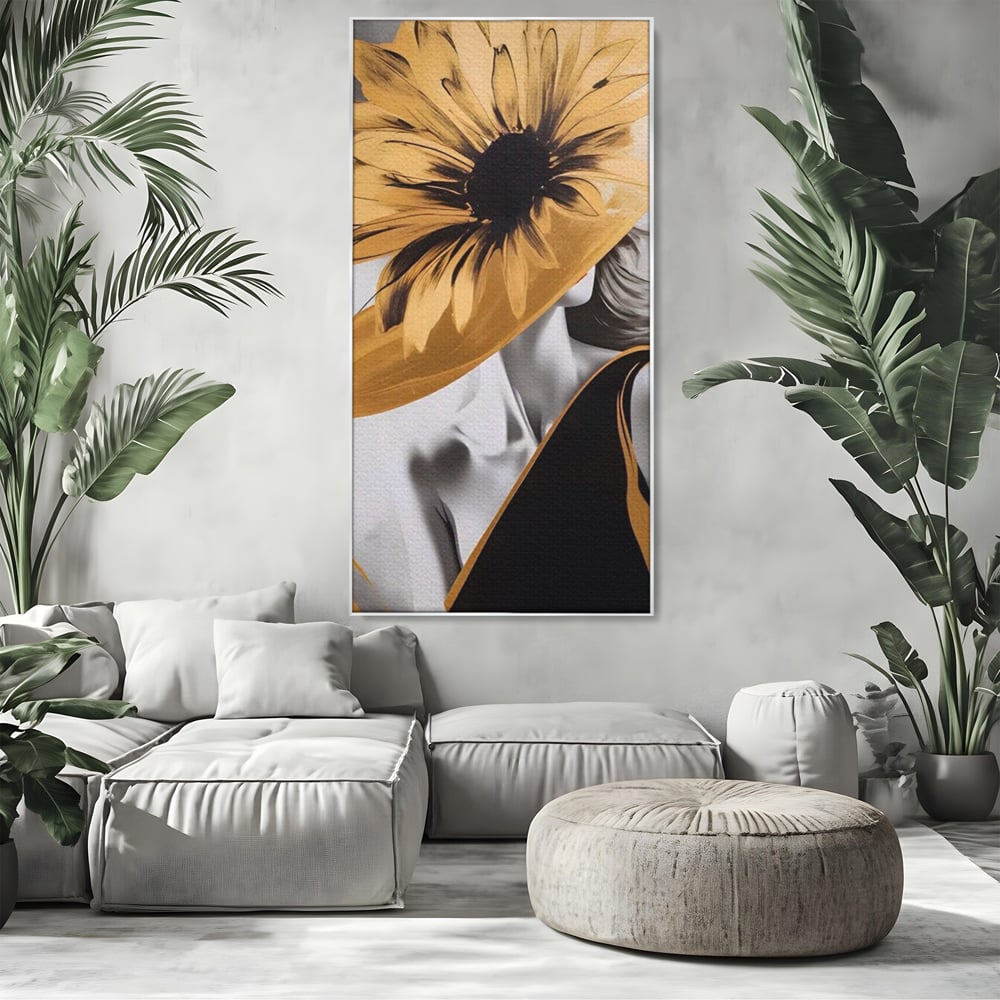 Tablou Canvas Premium LuxCanva® A1564, Cu Fata Spre Soare , Living, Palarie, Floarea Soarelui, Doamna, Dormitor, Culori Vibrante