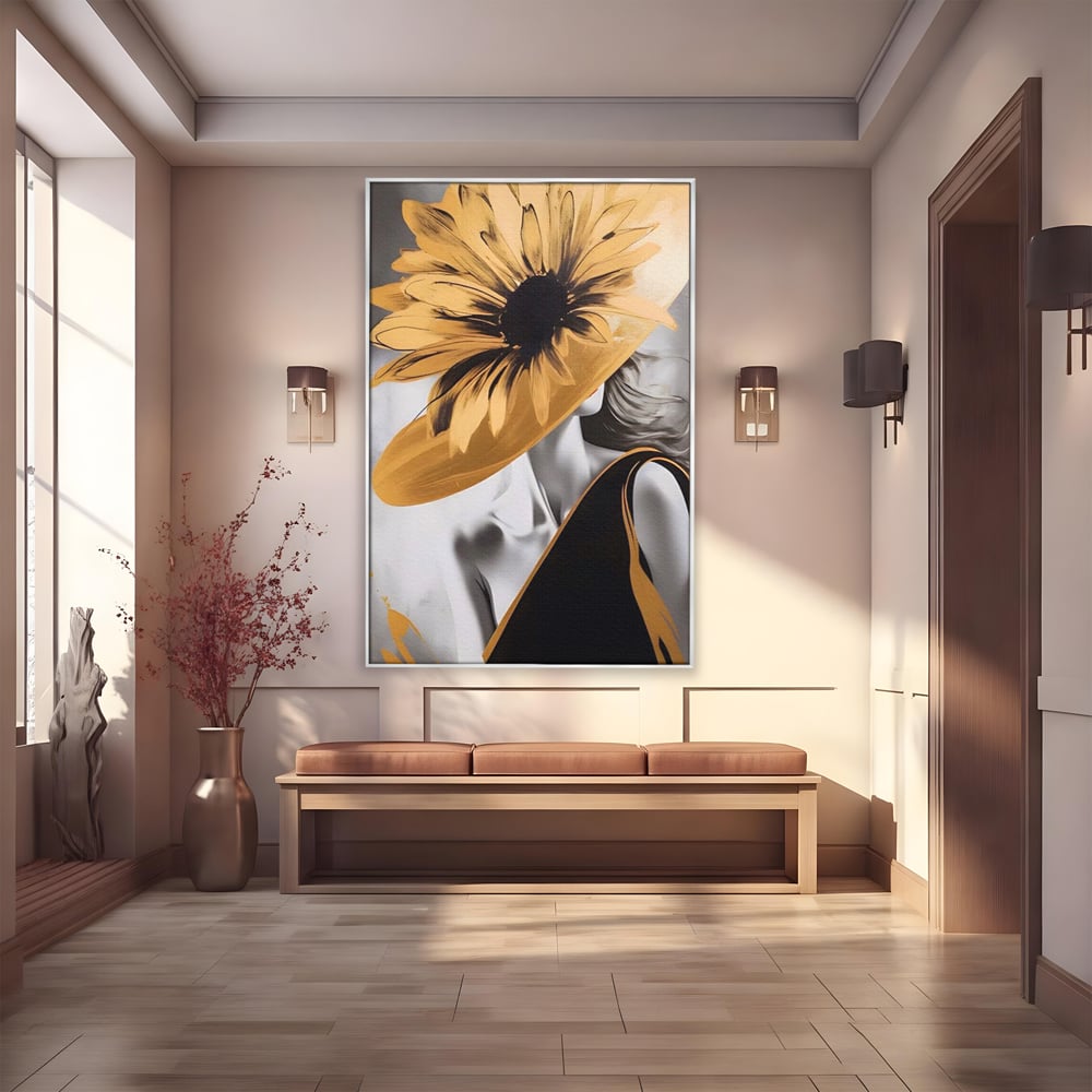Tablou Canvas Premium LuxCanva® A1564, Cu Fata Spre Soare , Living, Palarie, Floarea Soarelui, Doamna, Dormitor, Culori Vibrante