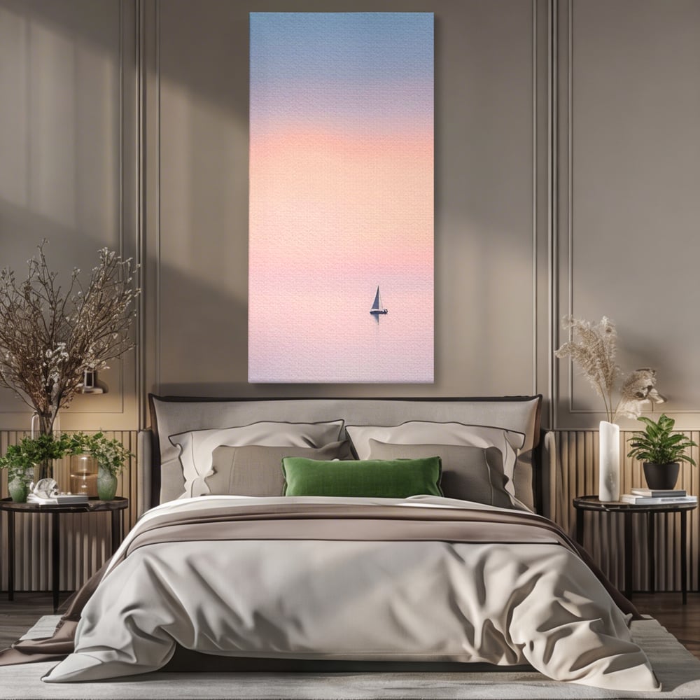 Tablou Canvas Premium LuxCanva® A1565, Undeva In Larg ,  Dormitor, Decorativ, Barca Cu Vele, Mare, Rasarit, Living, Culori Vibrante