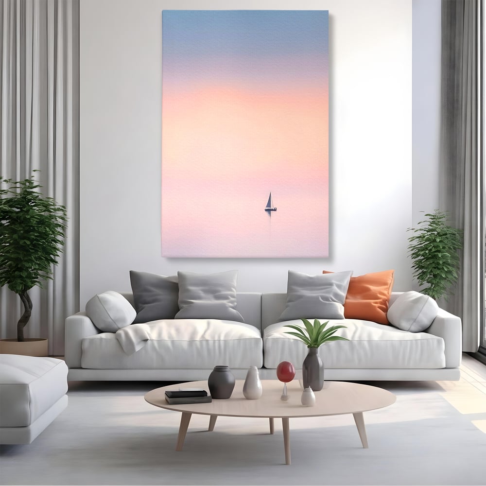 Tablou Canvas Premium LuxCanva® A1565, Undeva In Larg ,  Dormitor, Decorativ, Barca Cu Vele, Mare, Rasarit, Living, Culori Vibrante