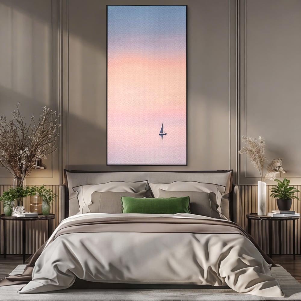 Tablou Canvas Premium LuxCanva® A1565, Undeva In Larg ,  Dormitor, Decorativ, Barca Cu Vele, Mare, Rasarit, Living, Culori Vibrante