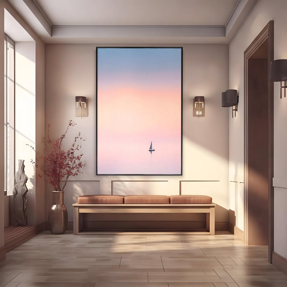 Tablou Canvas Premium LuxCanva® A1565, Undeva In Larg ,  Dormitor, Decorativ, Barca Cu Vele, Mare, Rasarit, Living, Culori Vibrante