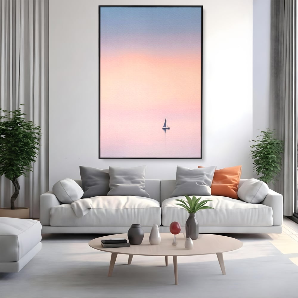 Tablou Canvas Premium LuxCanva® A1565, Undeva In Larg ,  Dormitor, Decorativ, Barca Cu Vele, Mare, Rasarit, Living, Culori Vibrante