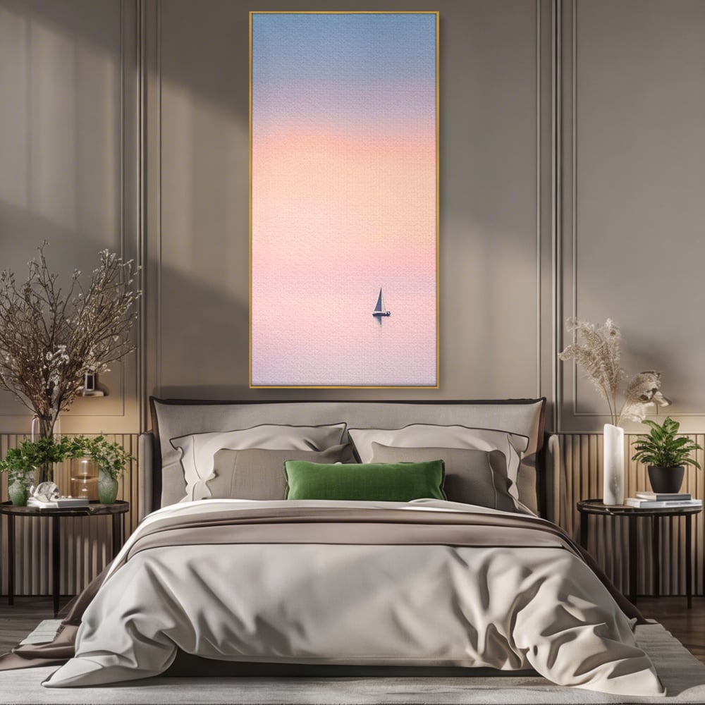 Tablou Canvas Premium LuxCanva® A1565, Undeva In Larg ,  Dormitor, Decorativ, Barca Cu Vele, Mare, Rasarit, Living, Culori Vibrante