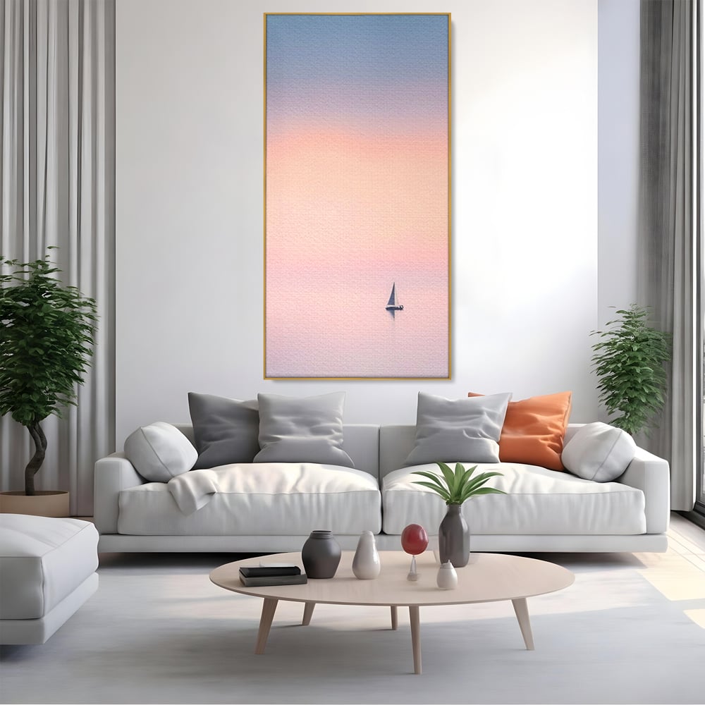 Tablou Canvas Premium LuxCanva® A1565, Undeva In Larg ,  Dormitor, Decorativ, Barca Cu Vele, Mare, Rasarit, Living, Culori Vibrante