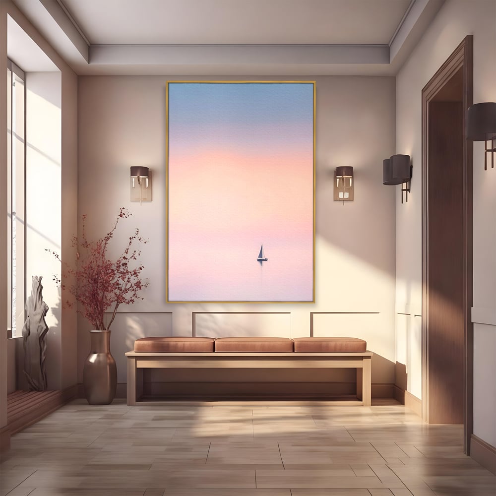 Tablou Canvas Premium LuxCanva® A1565, Undeva In Larg ,  Dormitor, Decorativ, Barca Cu Vele, Mare, Rasarit, Living, Culori Vibrante