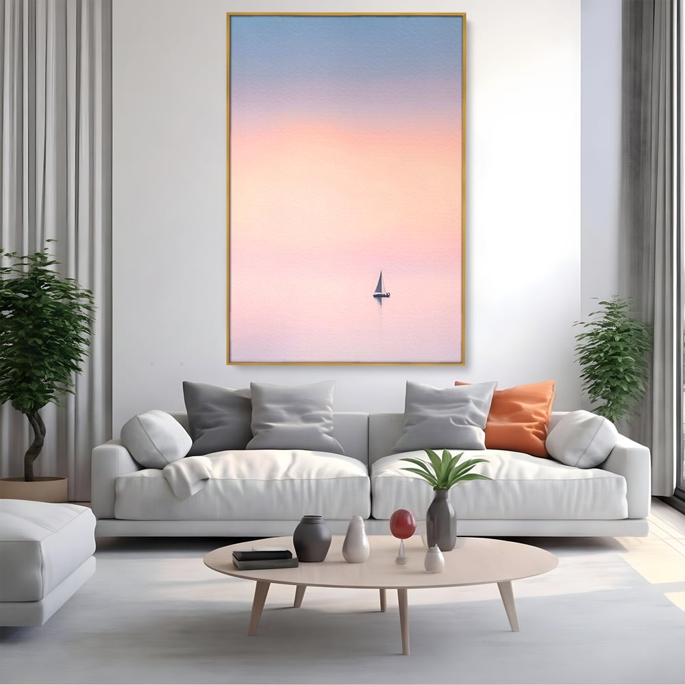 Tablou Canvas Premium LuxCanva® A1565, Undeva In Larg ,  Dormitor, Decorativ, Barca Cu Vele, Mare, Rasarit, Living, Culori Vibrante