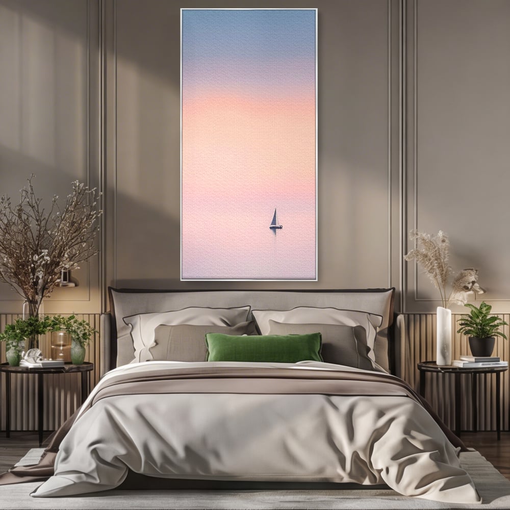 Tablou Canvas Premium LuxCanva® A1565, Undeva In Larg ,  Dormitor, Decorativ, Barca Cu Vele, Mare, Rasarit, Living, Culori Vibrante