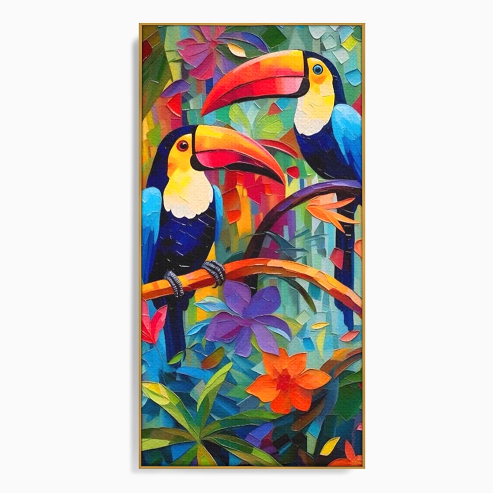 Tablou Canvas Premium LuxCanva® A1572, Iubirea Tucanilor , Room, Pasari, Colorat, Tropical, Flori, Living, Culori Vibrante
