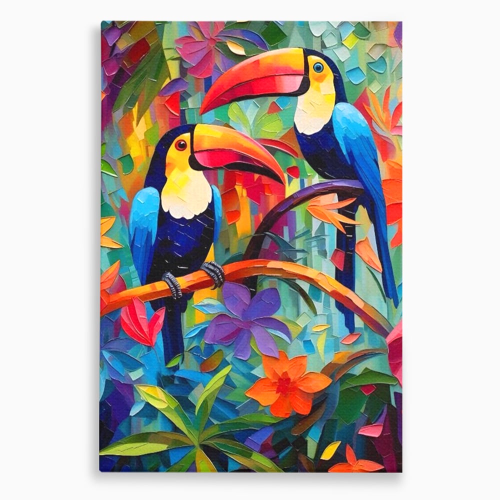 Tablou Canvas Premium LuxCanva® A1572, Iubirea Tucanilor , Room, Pasari, Colorat, Tropical, Flori, Living, Culori Vibrante