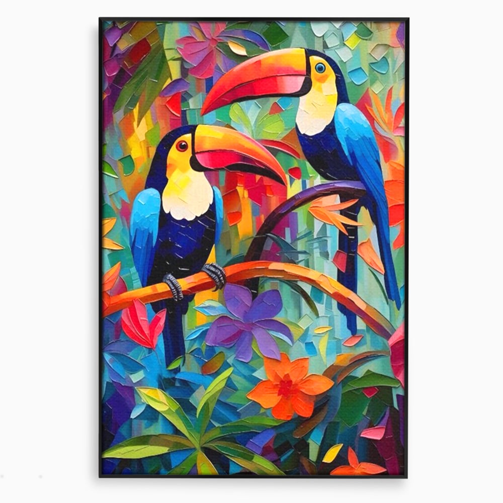Tablou Canvas Premium LuxCanva® A1572, Iubirea Tucanilor , Room, Pasari, Colorat, Tropical, Flori, Living, Culori Vibrante