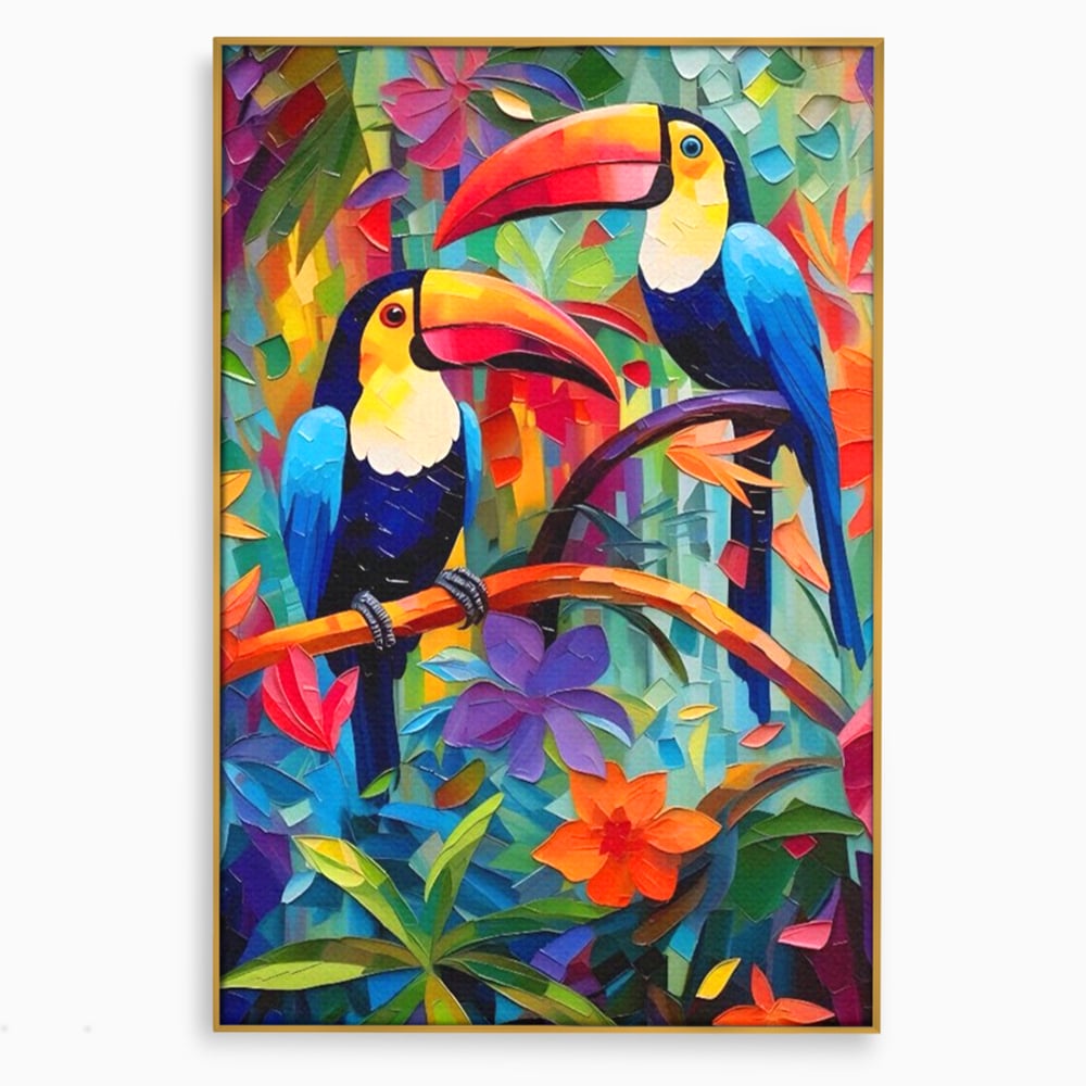 Tablou Canvas Premium LuxCanva® A1572, Iubirea Tucanilor , Room, Pasari, Colorat, Tropical, Flori, Living, Culori Vibrante
