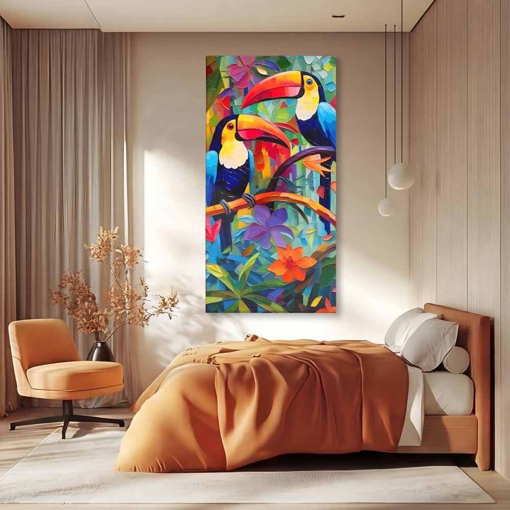 Tablou Canvas Premium LuxCanva® A1572, Iubirea Tucanilor , Room, Pasari, Colorat, Tropical, Flori, Living, Culori Vibrante