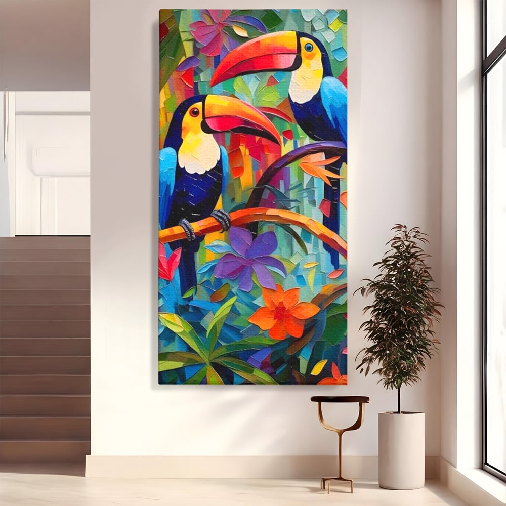 Tablou Canvas Premium LuxCanva® A1572, Iubirea Tucanilor , Room, Pasari, Colorat, Tropical, Flori, Living, Culori Vibrante