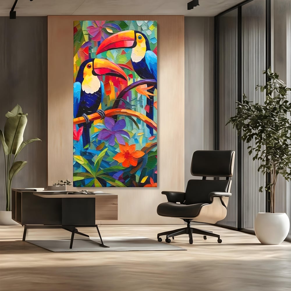Tablou Canvas Premium LuxCanva® A1572, Iubirea Tucanilor , Room, Pasari, Colorat, Tropical, Flori, Living, Culori Vibrante