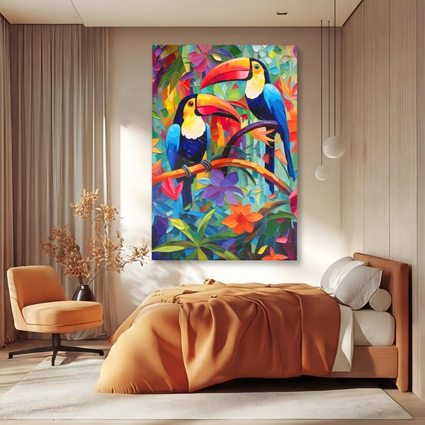 Tablou Canvas Premium LuxCanva® A1572, Iubirea Tucanilor , Room, Pasari, Colorat, Tropical, Flori, Living, Culori Vibrante