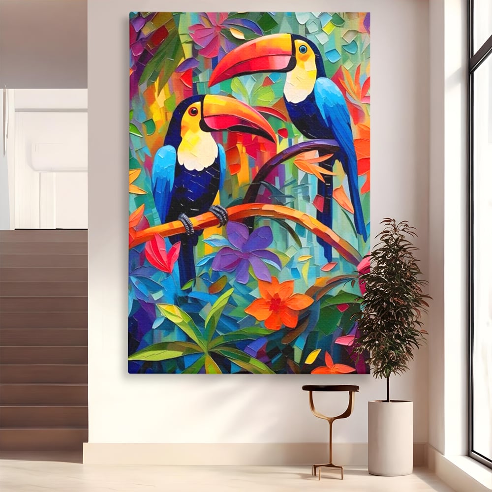 Tablou Canvas Premium LuxCanva® A1572, Iubirea Tucanilor , Room, Pasari, Colorat, Tropical, Flori, Living, Culori Vibrante
