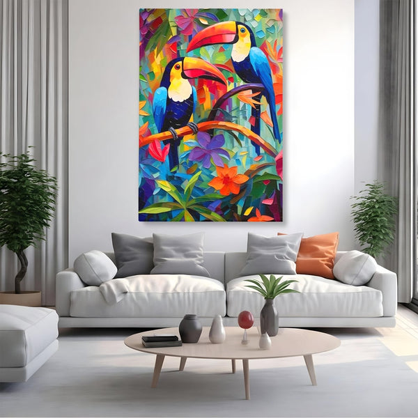 Tablou Canvas Premium LuxCanva® A1572, Iubirea Tucanilor , Room, Pasari, Colorat, Tropical, Flori, Living, Culori Vibrante