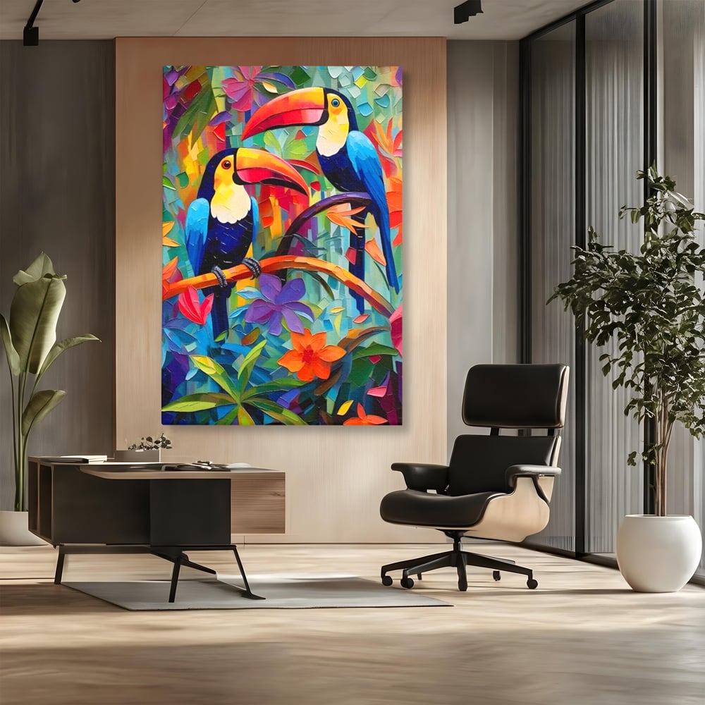 Tablou Canvas Premium LuxCanva® A1572, Iubirea Tucanilor , Room, Pasari, Colorat, Tropical, Flori, Living, Culori Vibrante
