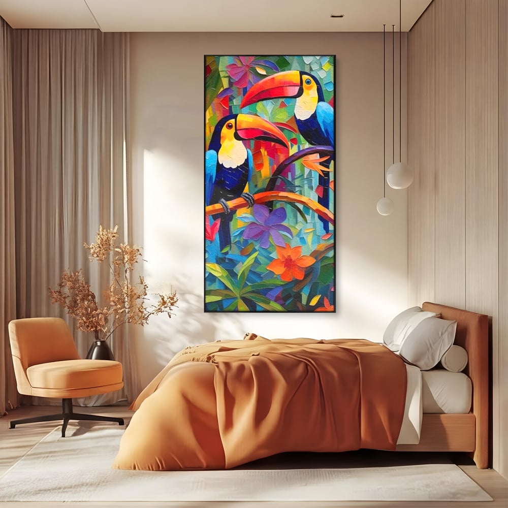Tablou Canvas Premium LuxCanva® A1572, Iubirea Tucanilor , Room, Pasari, Colorat, Tropical, Flori, Living, Culori Vibrante