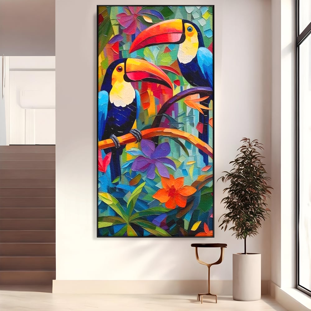 Tablou Canvas Premium LuxCanva® A1572, Iubirea Tucanilor , Room, Pasari, Colorat, Tropical, Flori, Living, Culori Vibrante
