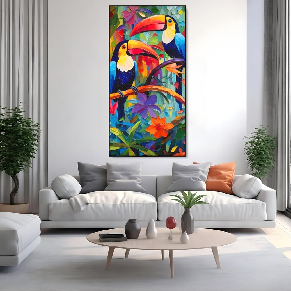 Tablou Canvas Premium LuxCanva® A1572, Iubirea Tucanilor , Room, Pasari, Colorat, Tropical, Flori, Living, Culori Vibrante