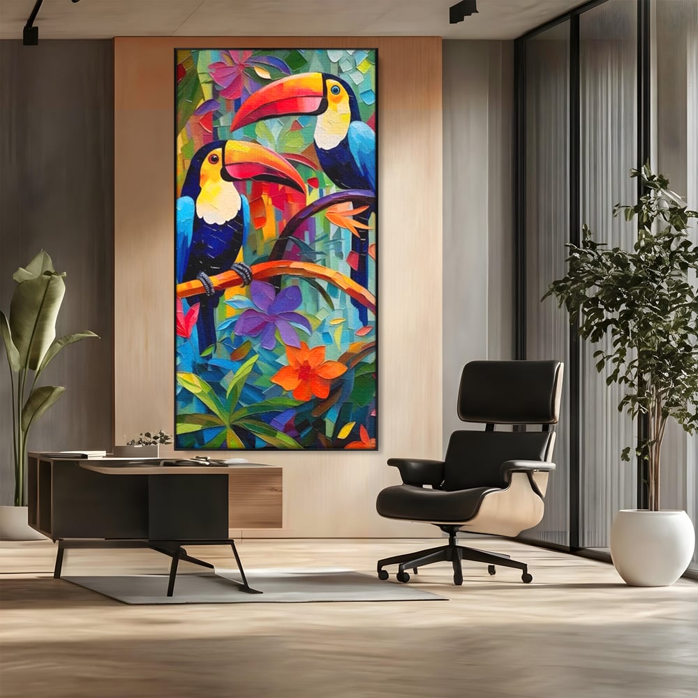 Tablou Canvas Premium LuxCanva® A1572, Iubirea Tucanilor , Room, Pasari, Colorat, Tropical, Flori, Living, Culori Vibrante