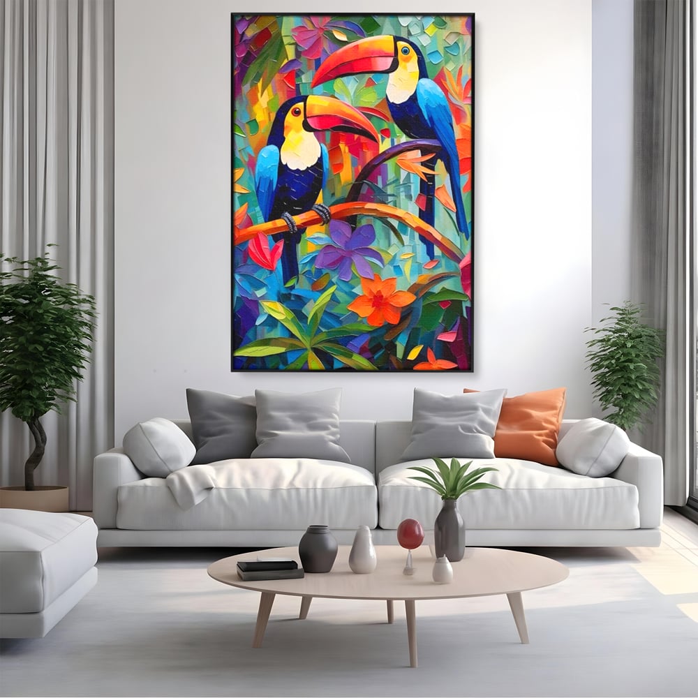 Tablou Canvas Premium LuxCanva® A1572, Iubirea Tucanilor , Room, Pasari, Colorat, Tropical, Flori, Living, Culori Vibrante
