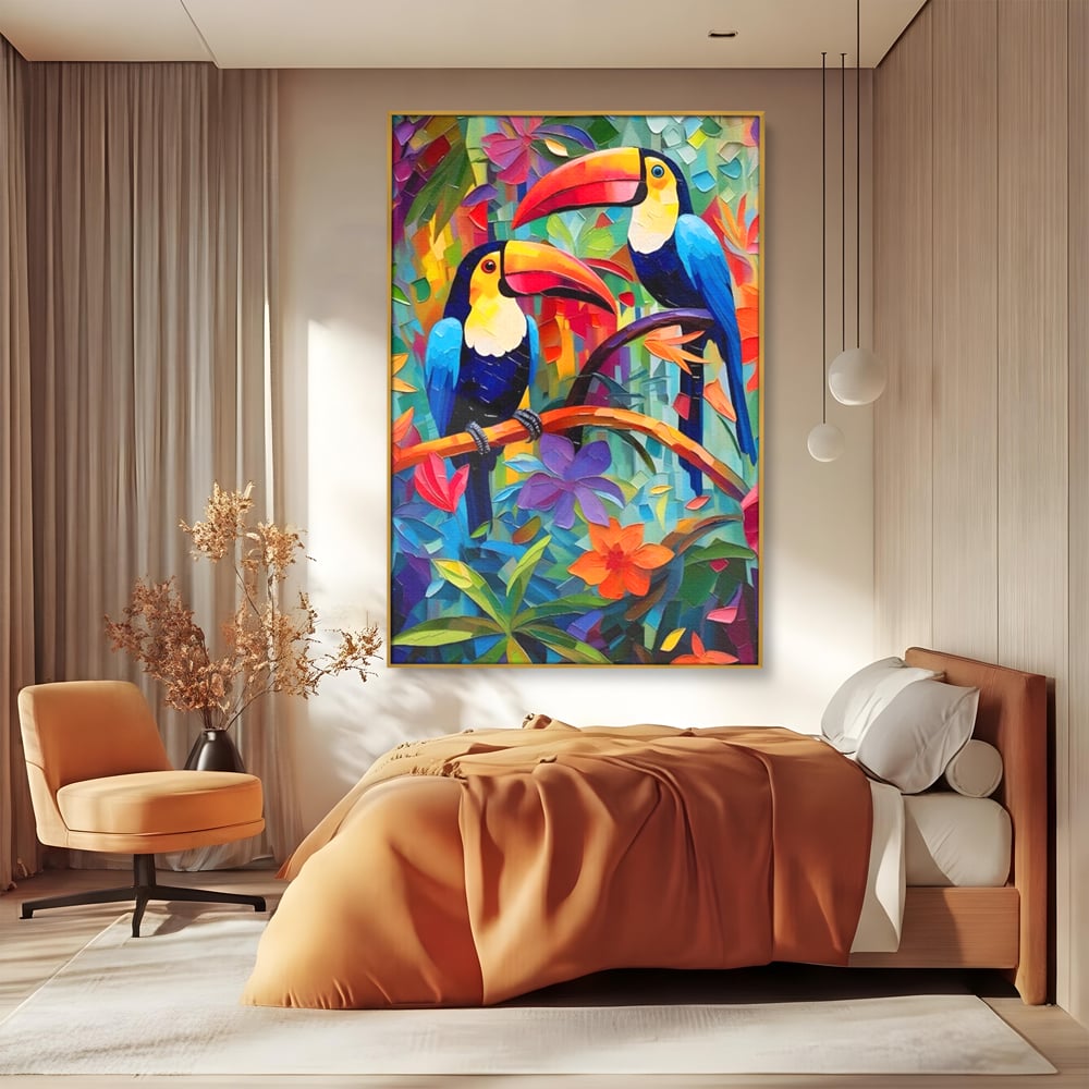 Tablou Canvas Premium LuxCanva® A1572, Iubirea Tucanilor , Room, Pasari, Colorat, Tropical, Flori, Living, Culori Vibrante