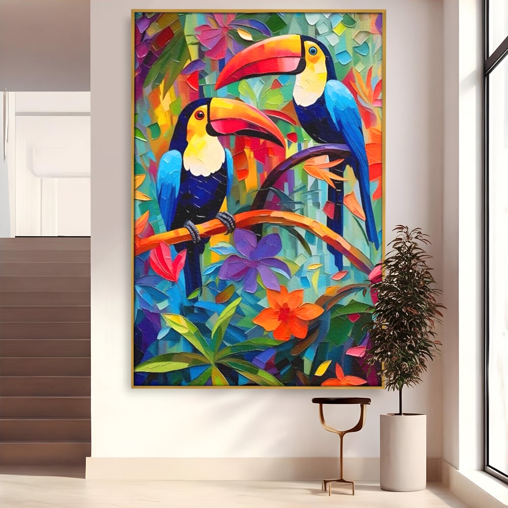 Tablou Canvas Premium LuxCanva® A1572, Iubirea Tucanilor , Room, Pasari, Colorat, Tropical, Flori, Living, Culori Vibrante