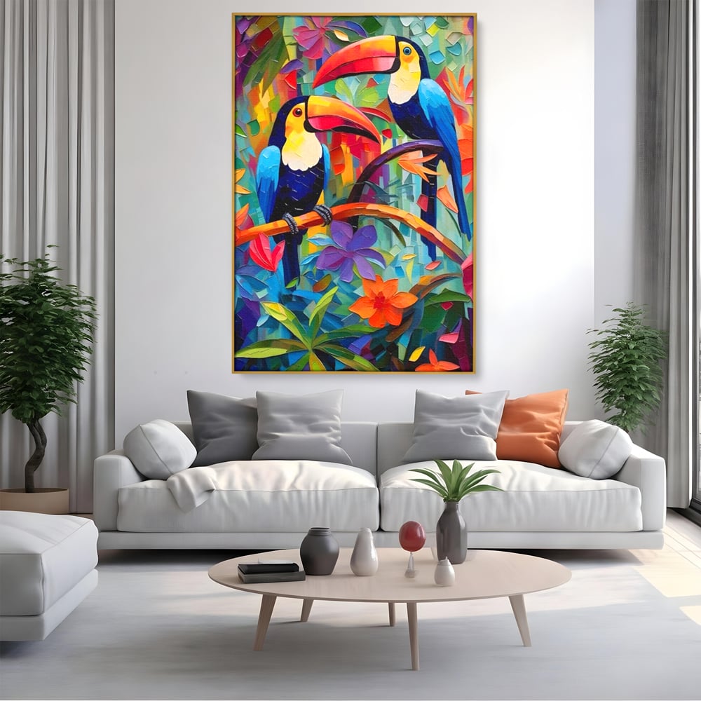Tablou Canvas Premium LuxCanva® A1572, Iubirea Tucanilor , Room, Pasari, Colorat, Tropical, Flori, Living, Culori Vibrante