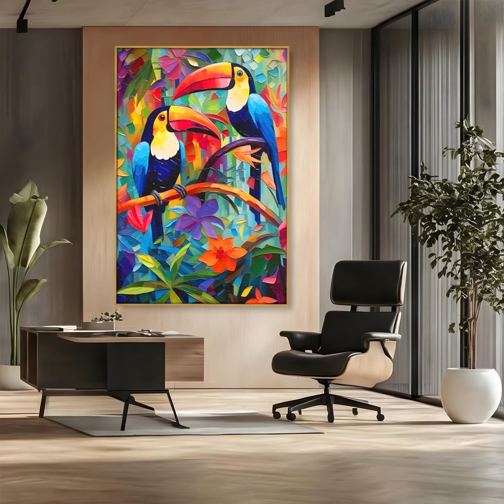 Tablou Canvas Premium LuxCanva® A1572, Iubirea Tucanilor , Room, Pasari, Colorat, Tropical, Flori, Living, Culori Vibrante