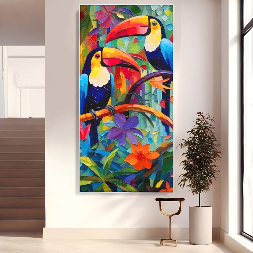 Tablou Canvas Premium LuxCanva® A1572, Iubirea Tucanilor , Room, Pasari, Colorat, Tropical, Flori, Living, Culori Vibrante