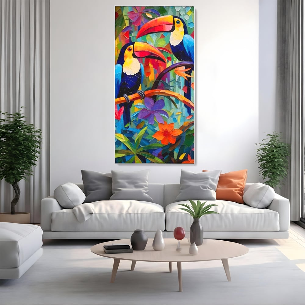 Tablou Canvas Premium LuxCanva® A1572, Iubirea Tucanilor , Room, Pasari, Colorat, Tropical, Flori, Living, Culori Vibrante