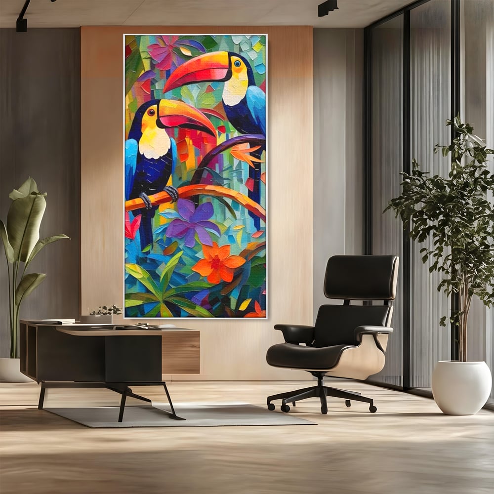 Tablou Canvas Premium LuxCanva® A1572, Iubirea Tucanilor , Room, Pasari, Colorat, Tropical, Flori, Living, Culori Vibrante