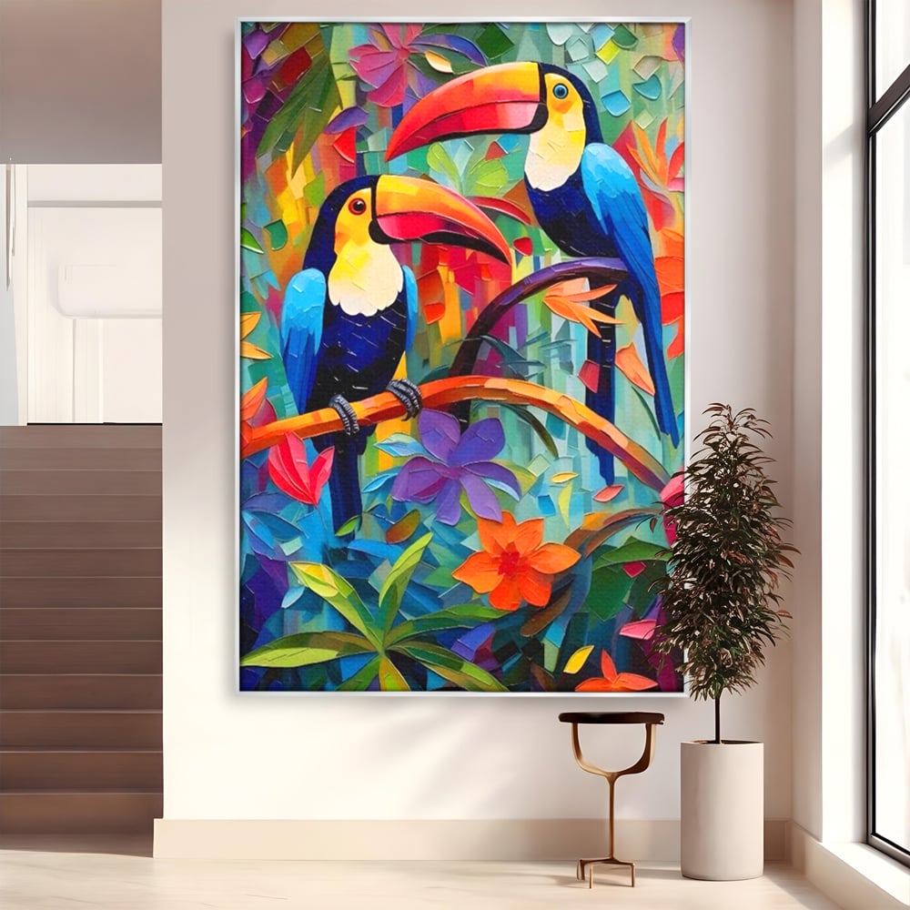Tablou Canvas Premium LuxCanva® A1572, Iubirea Tucanilor , Room, Pasari, Colorat, Tropical, Flori, Living, Culori Vibrante