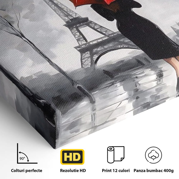 Tablou Canvas Premium LuxCanva® A1573, Fata Cu Umbrela , Living, Paris, Turn Eiffel, Ploaie, Plimbare, Room, Culori Vibrante