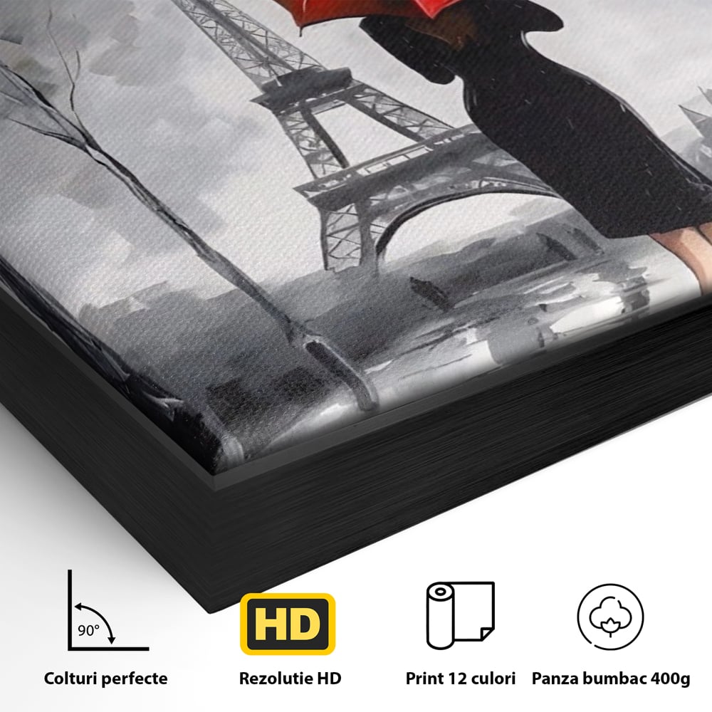 Tablou Canvas Premium LuxCanva® A1573, Fata Cu Umbrela , Living, Paris, Turn Eiffel, Ploaie, Plimbare, Room, Culori Vibrante