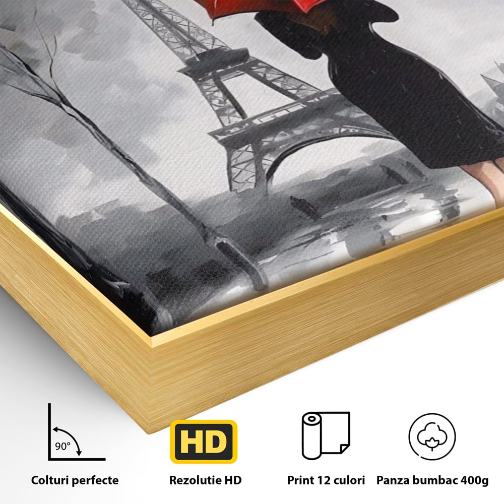 Tablou Canvas Premium LuxCanva® A1573, Fata Cu Umbrela , Living, Paris, Turn Eiffel, Ploaie, Plimbare, Room, Culori Vibrante