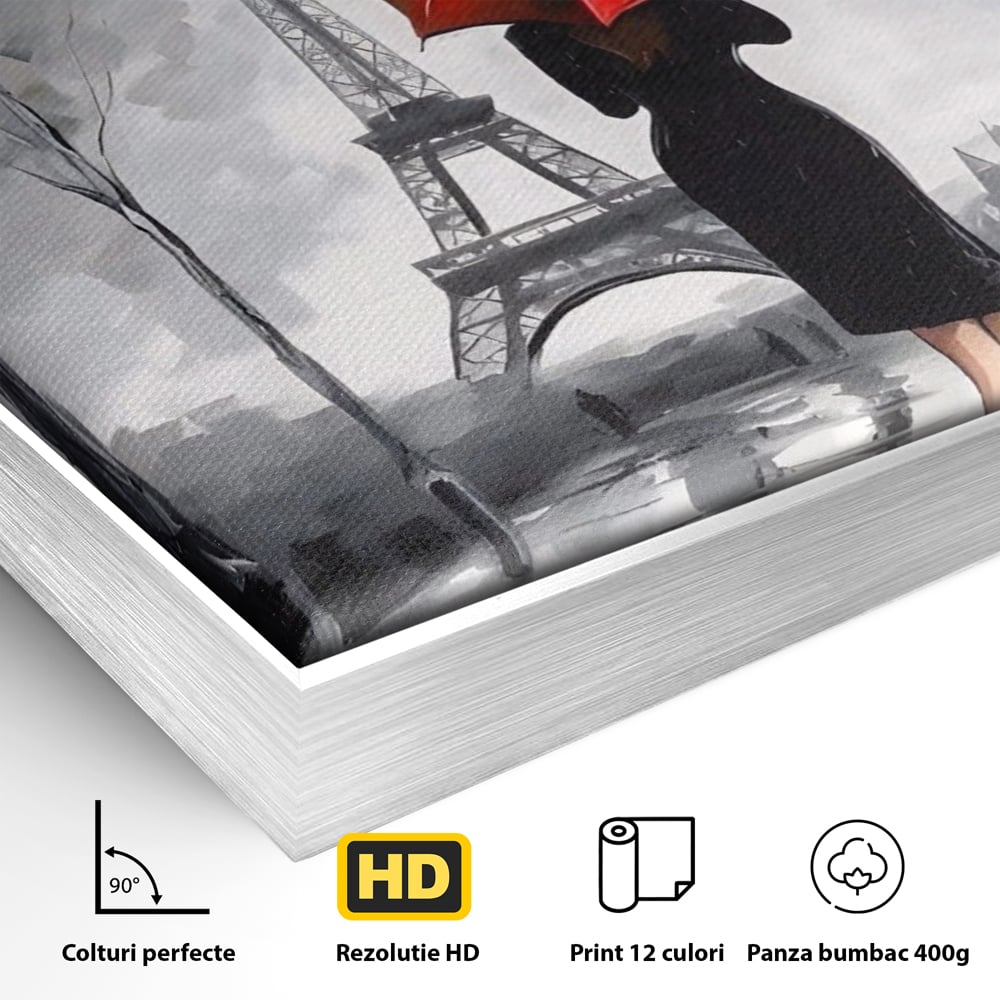 Tablou Canvas Premium LuxCanva® A1573, Fata Cu Umbrela , Living, Paris, Turn Eiffel, Ploaie, Plimbare, Room, Culori Vibrante