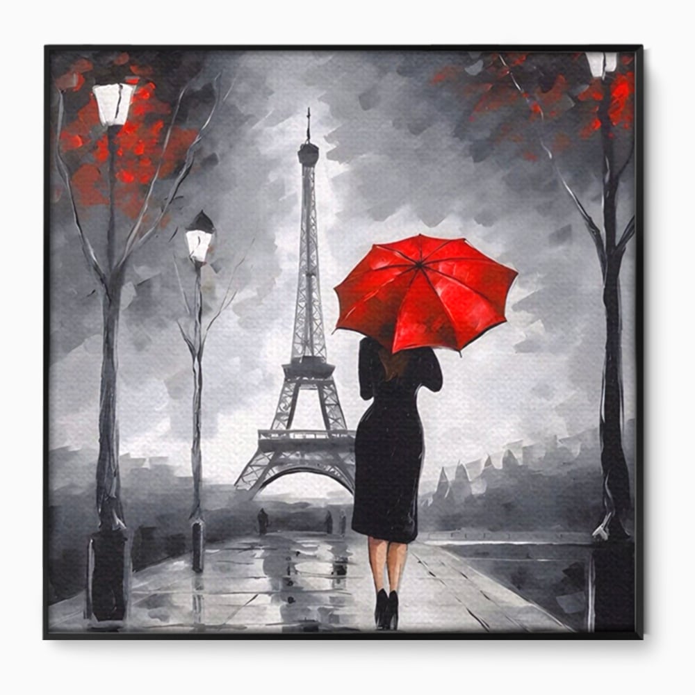 Tablou Canvas Premium LuxCanva® A1573, Fata Cu Umbrela , Living, Paris, Turn Eiffel, Ploaie, Plimbare, Room, Culori Vibrante