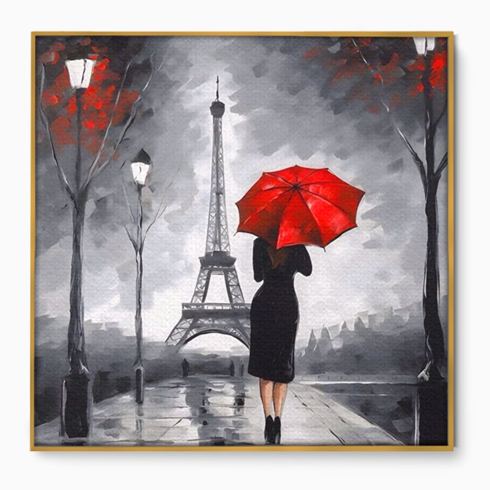 Tablou Canvas Premium LuxCanva® A1573, Fata Cu Umbrela , Living, Paris, Turn Eiffel, Ploaie, Plimbare, Room, Culori Vibrante