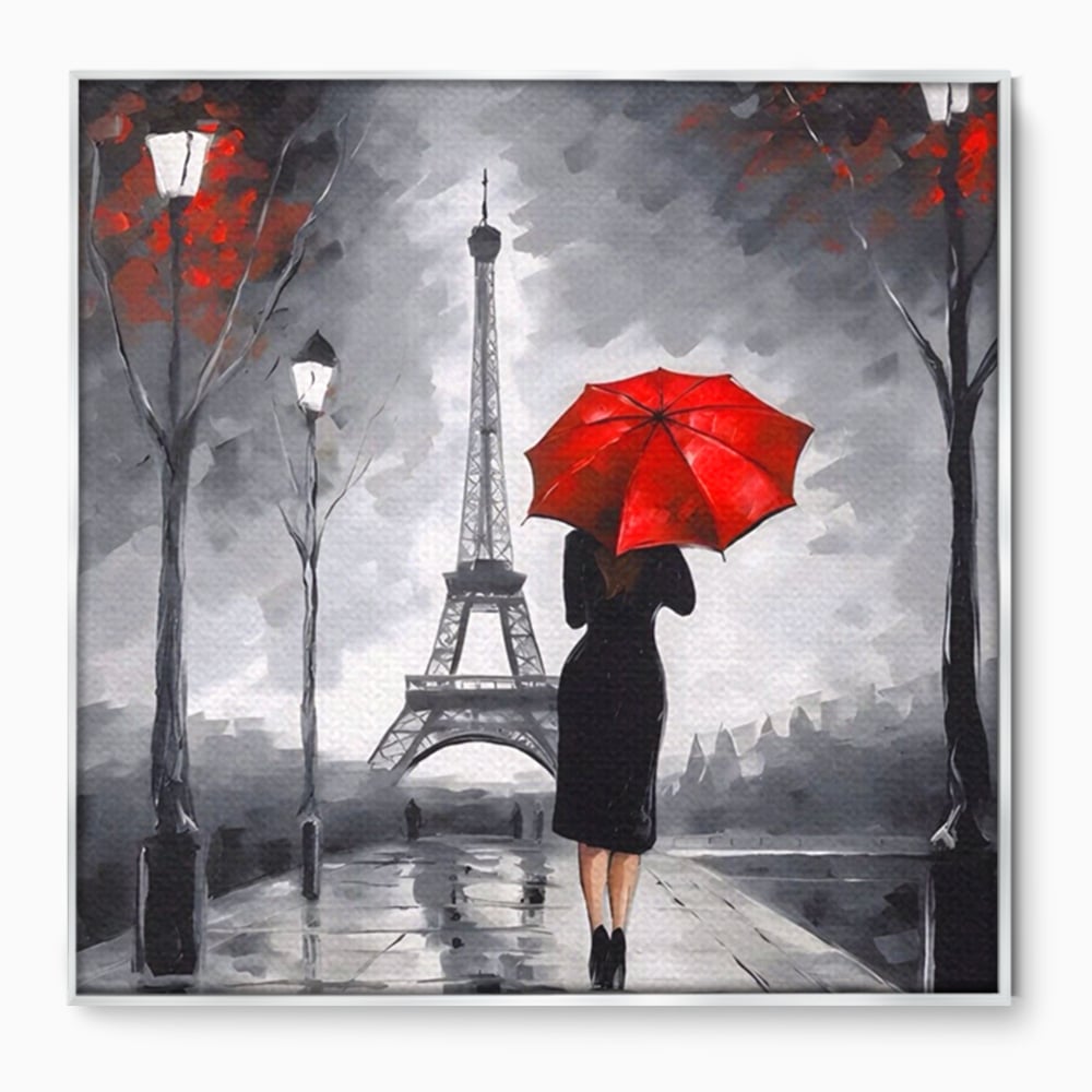 Tablou Canvas Premium LuxCanva® A1573, Fata Cu Umbrela , Living, Paris, Turn Eiffel, Ploaie, Plimbare, Room, Culori Vibrante