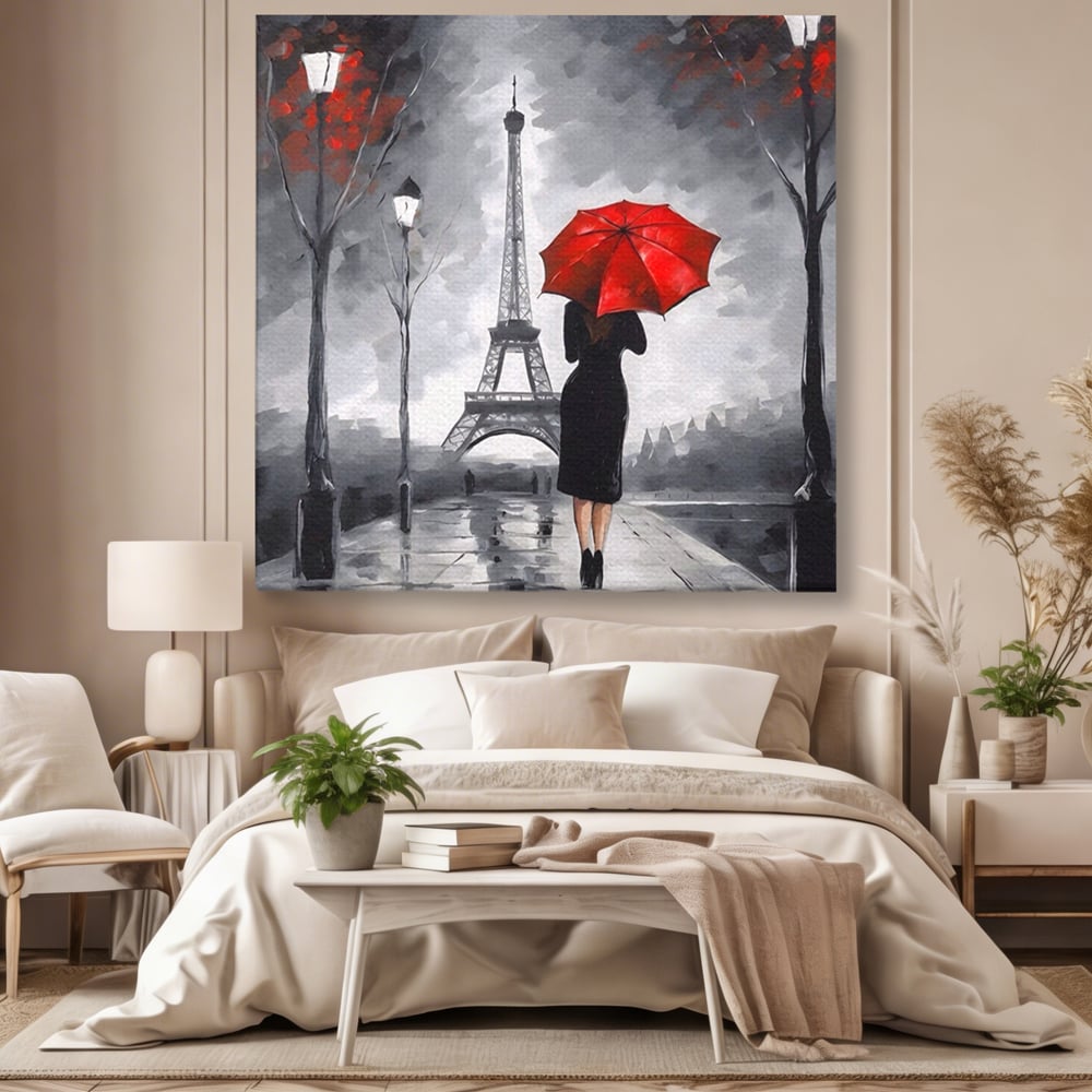 Tablou Canvas Premium LuxCanva® A1573, Fata Cu Umbrela , Living, Paris, Turn Eiffel, Ploaie, Plimbare, Room, Culori Vibrante